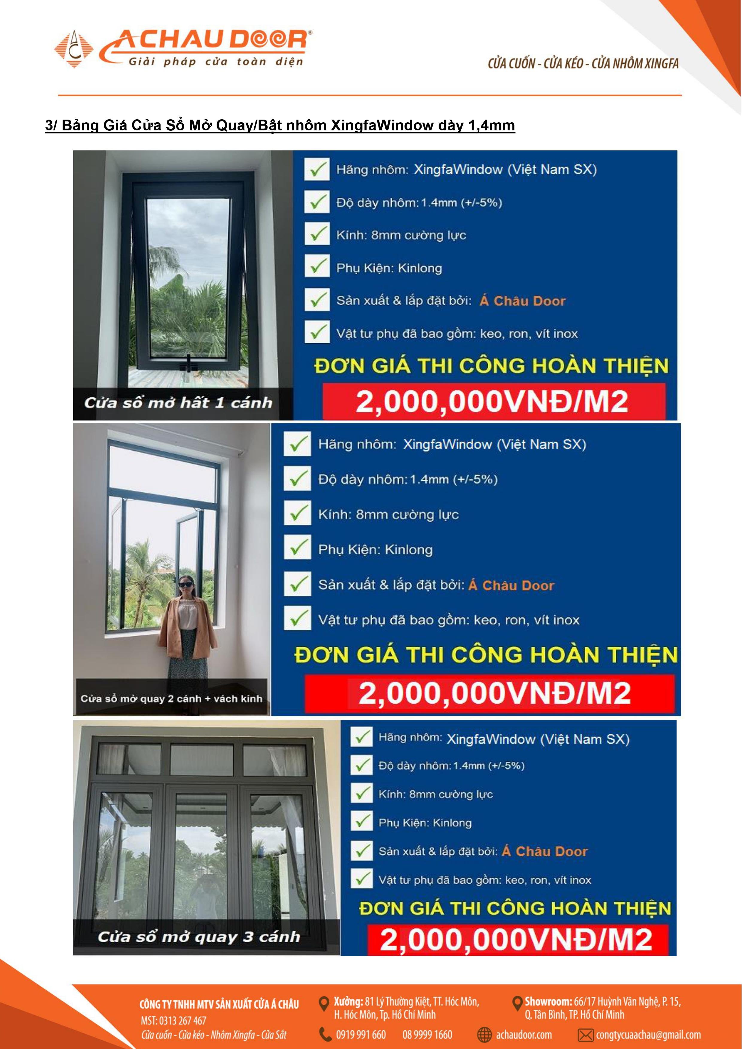 Báo giá thi công hoàn thiện cửa nhôm Xingfa Window Việt Nam 