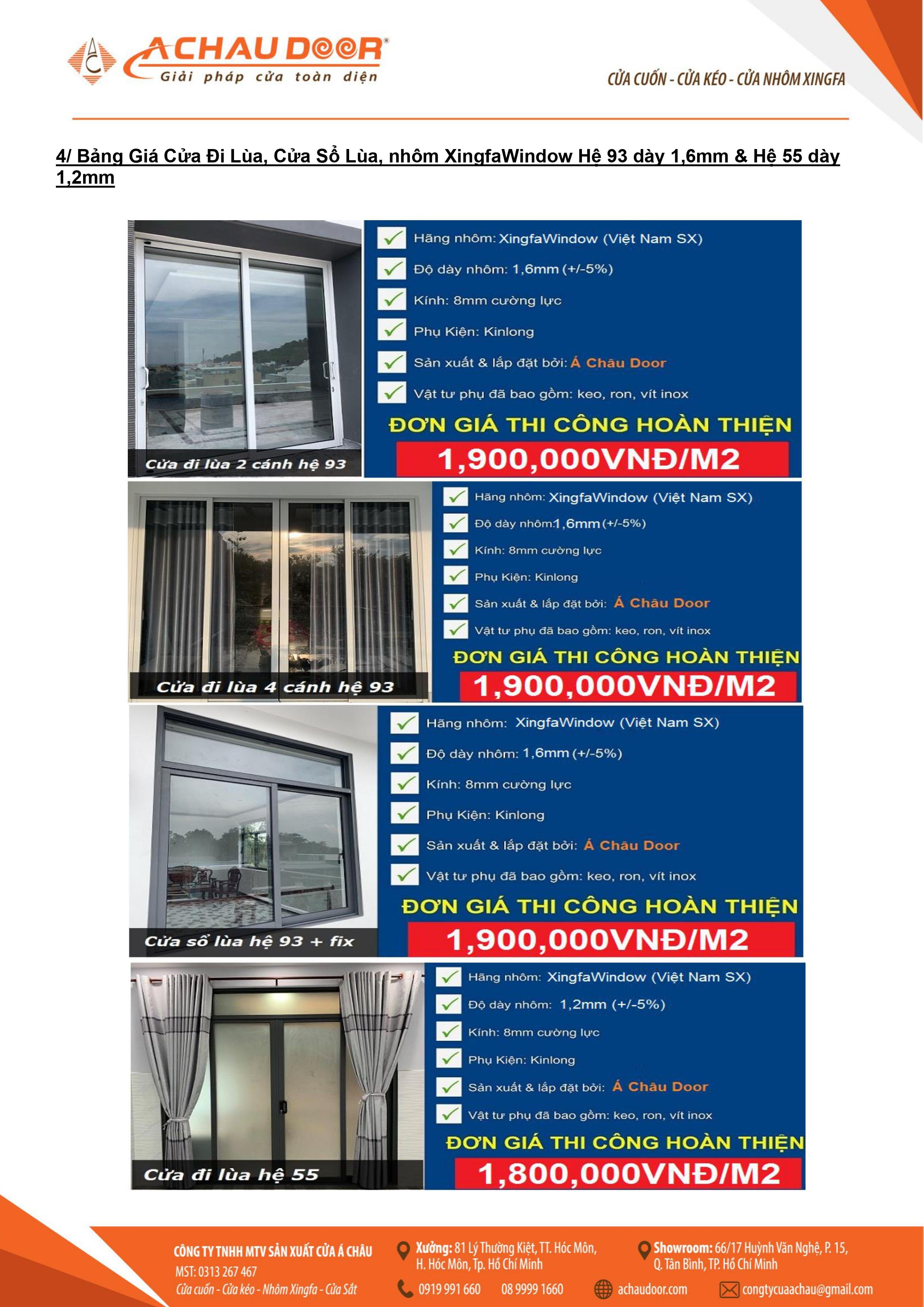 Báo giá thi công hoàn thiện cửa nhôm Xingfa Window Việt Nam 