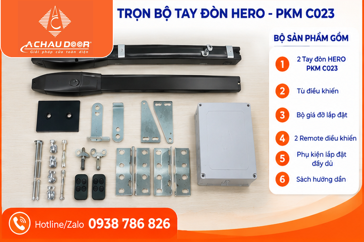 Motor Cổng Tay Đòn HERO PKM C023 24V 200kg 4 HERO PKM C023 04 tron bo phu kien logo chuan