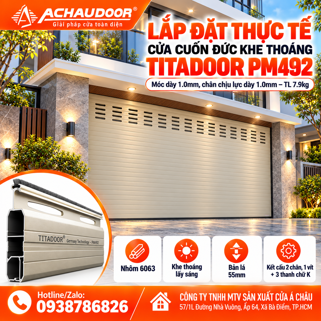 Cửa Cuốn Đức Khe Thoáng Titadoor PM492, Móc dày 1.0mm, Chân chịu lực dày 1.0mm - TL 7.9kg 4 LAP DAT THE TE PM492