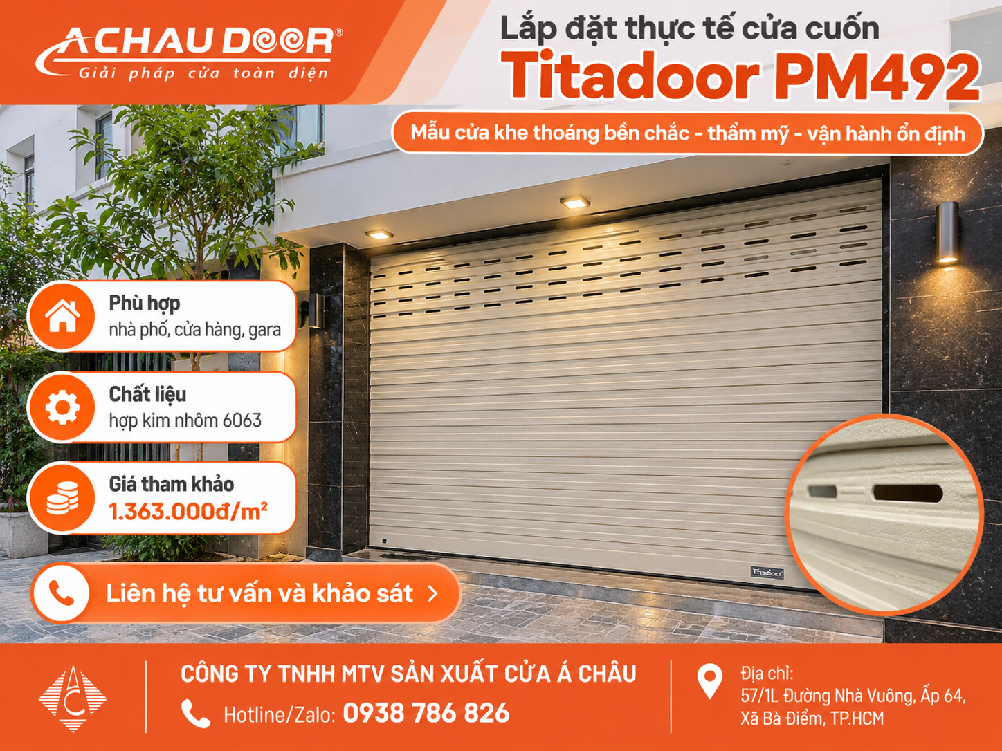 Cửa Cuốn Đức Khe Thoáng Titadoor PM492A, Móc dày 1.0mm, Chân chịu lực dày 1.0mm - TL 8.1kg 4 LAP DAT THUC TE PM492