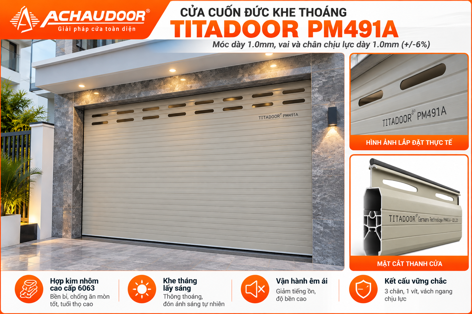 Cửa Cuốn Đức Khe Thoáng Titadoor PM491A, Móc dày 1.0mm, Chân chịu lực dày 1.0mm - TL 8,7kg/m2 6 PM491A