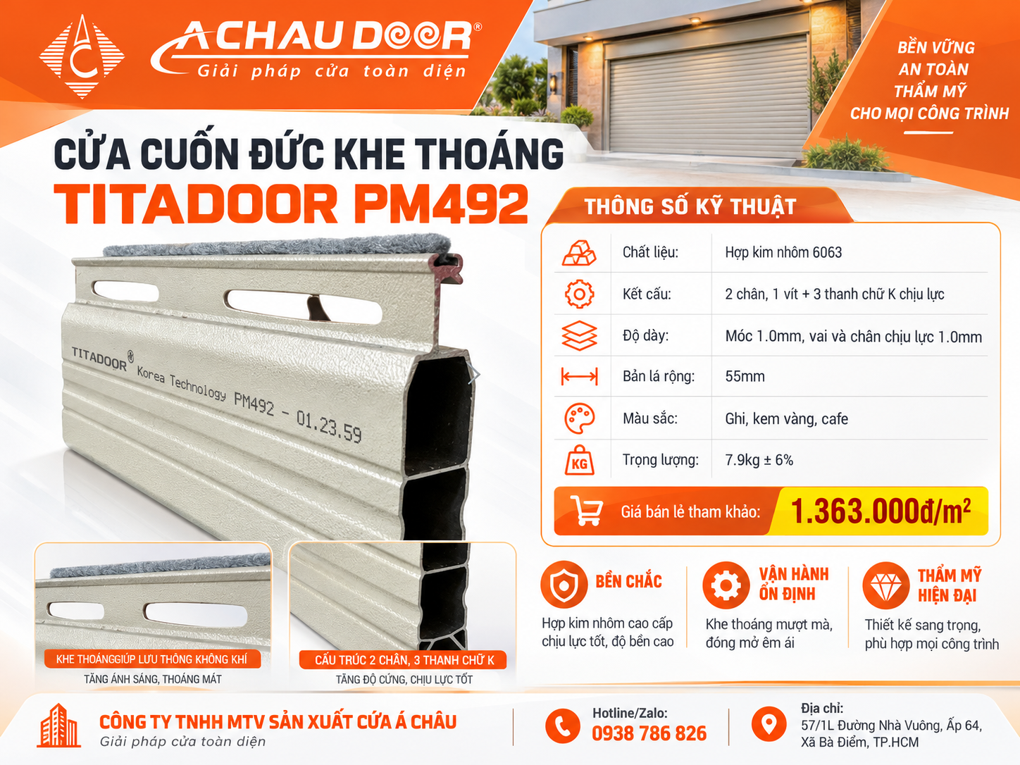 Cửa Cuốn Đức Khe Thoáng Titadoor PM492A, Móc dày 1.0mm, Chân chịu lực dày 1.0mm - TL 8.1kg 2 PM492 1